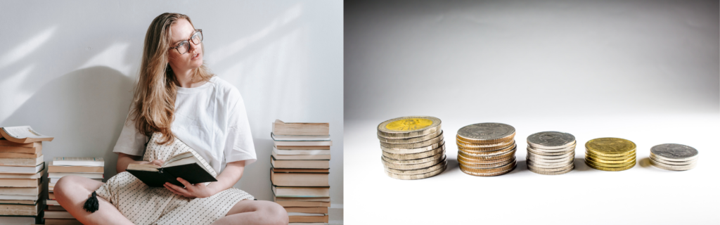 A scale with a stack of coins on one side and a pile of books on the other, representing the balance between value and expertise in the pricing strategy for coaches and consultants. The image conveys the idea that setting the right prices requires weighing the value of services provided with the knowledge and skills offered by the coach or consultant.
